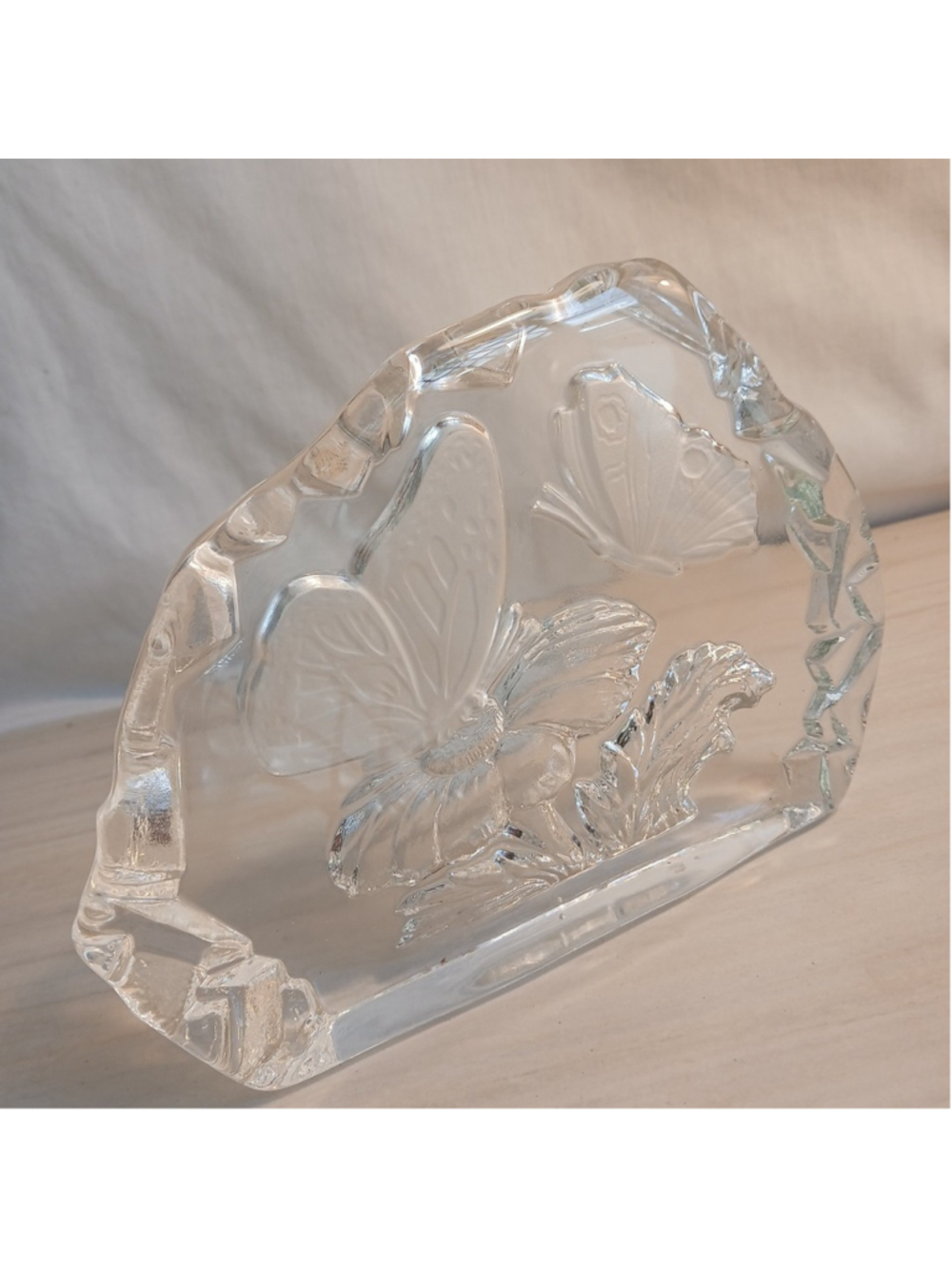 Butterfly Etched Reverse Carved Art Glass Paperweight Sculpture Clear Frosted